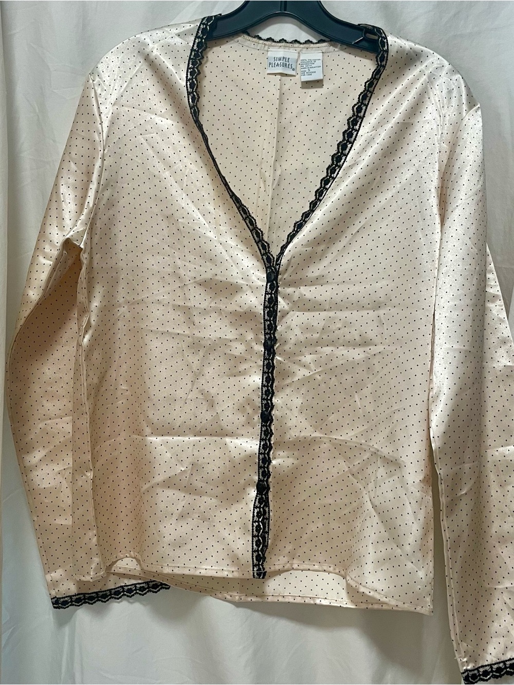 Vintage Cream Polka Dot Button-Up with Black Lace Trim